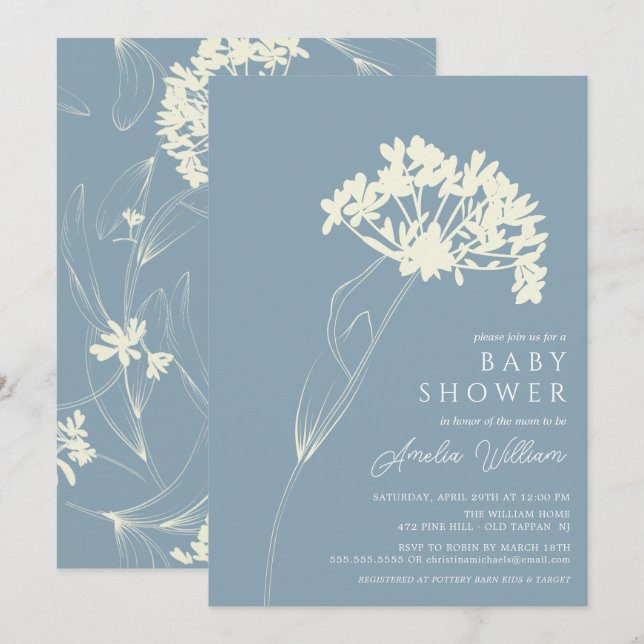 Blue & Cream Modern Floral Baby Shower Invitation (Front/Back)