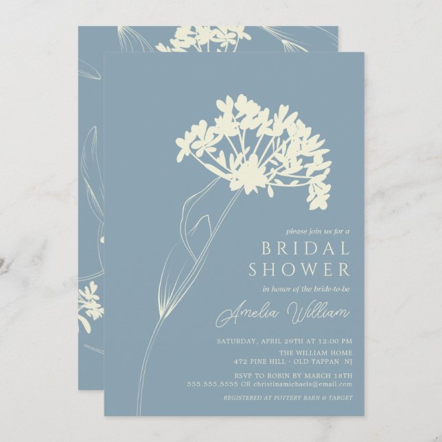 Blue & Cream Modern Floral Bridal Shower Invitation (Front/Back)