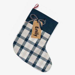 Blue Cream Plaid Kraft Tag Personalised  Large Christmas Stocking