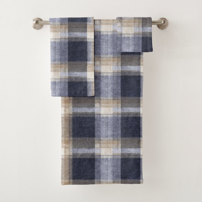Blue Cream Plaid Stripes Bath Towel Set (Insitu)