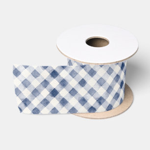 Blue Cream Plaid Stripes Satin Ribbon