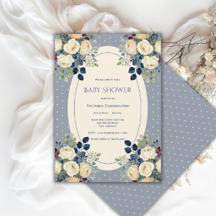 Blue & Cream Polkadot Floral Elegant Baby Shower Invitation