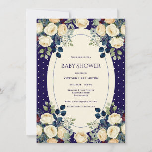 Blue & Cream Polkadot Floral Elegant Baby Shower Invitation