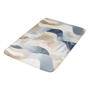 Blue Cream Sand Ivory Abstract Waves Beach  Bath Mat