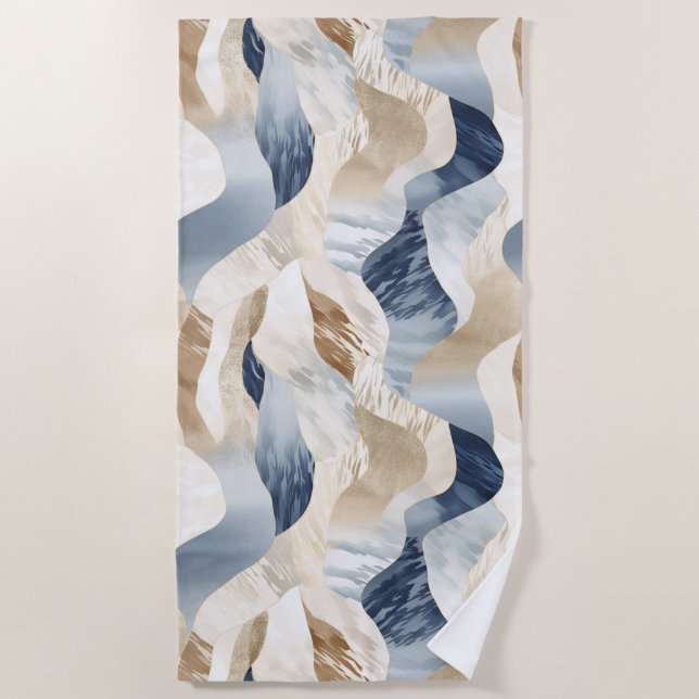 Blue Cream Sand Ivory Abstract Waves Beach  Beach Towel (Front)