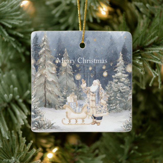 Blue Cream Santa Snow Christmas Trees Ceramic Ornament (Tree)