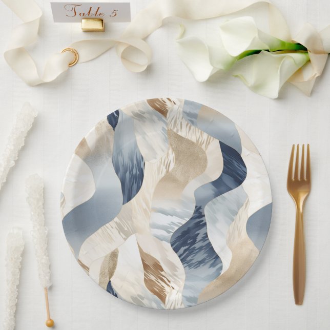 Blue Cream Sea Sand Abstract Paper Plate (Wedding)