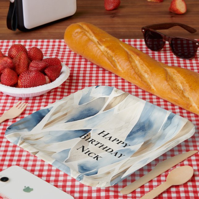 Blue Cream Sea Sand Ocean Serenity Birthday Paper Plate (Picnic)