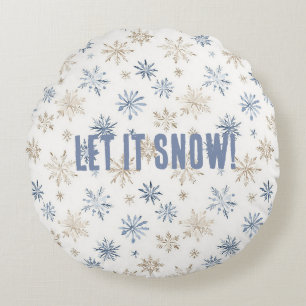 Blue Cream Snowflakes Let It Snow! Round Cushion