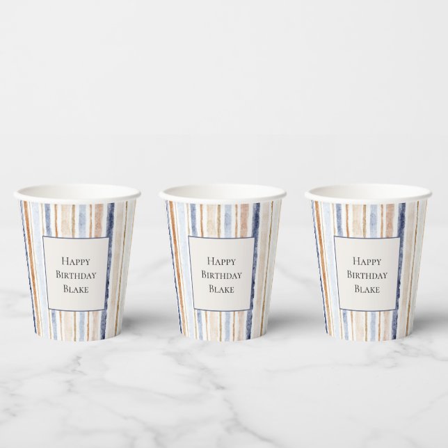 Blue Cream Stripes Birthday Paper Cups (Multi)