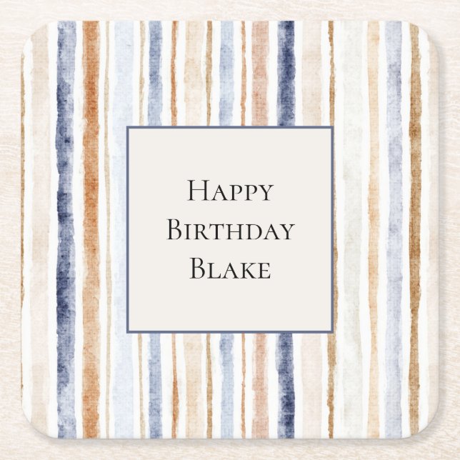 Blue Cream Stripes Birthday Square Paper Coaster (Front)