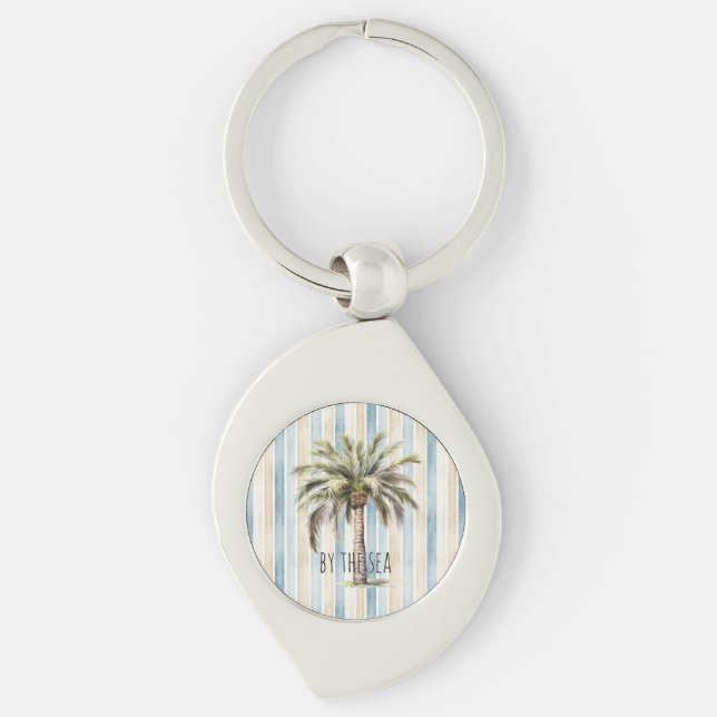 Blue Cream Stripes Tropical Palm Tree Key Ring (Front)