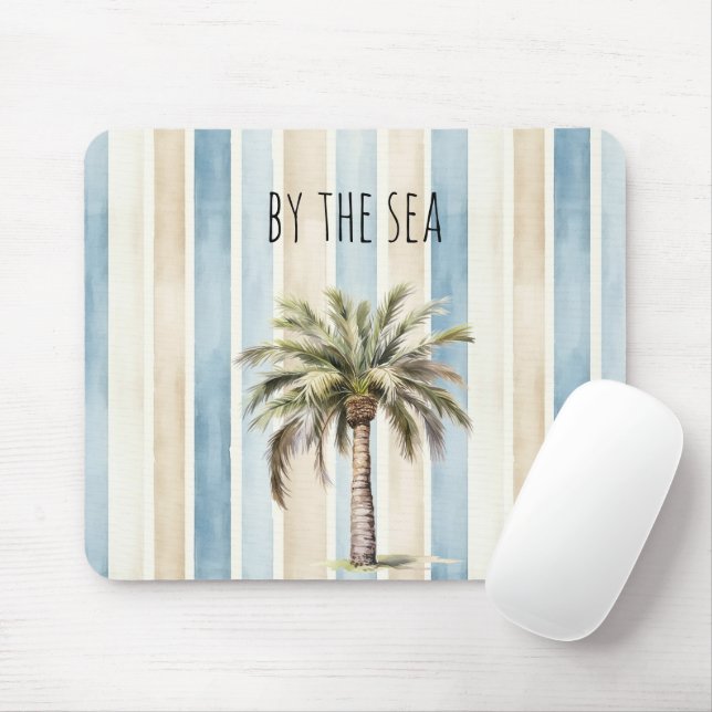 Blue Cream Stripes Tropical Palm Tree Mouse Mat (With Mouse)