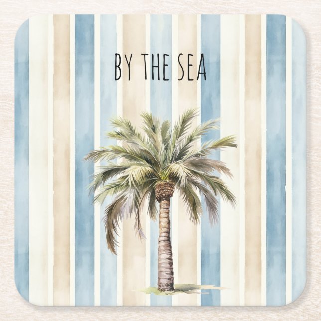 Blue Cream Stripes Tropical Palm Tree Square Paper Coaster (Front)