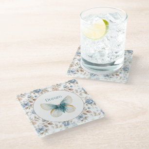Blue Cream Tan Brown Flowers Butterfly Glass Coaster