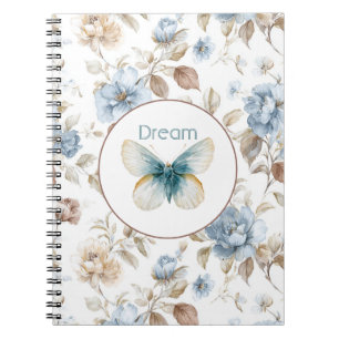 Blue Cream Tan Brown Flowers Butterfly Notebook