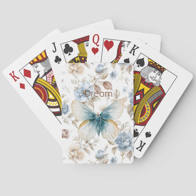 Blue Cream Tan Brown Flowers Butterfly Playing Cards (Back)
