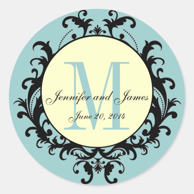 Blue Cream Wedding Monogram Names Date Sticker (Front)