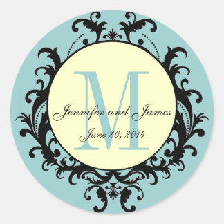Blue Cream Wedding Monogram Names Date Sticker