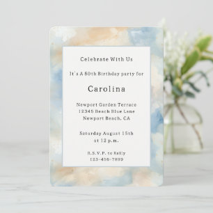 Blue Cream White Abstract Birthday Invitation