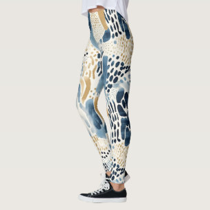 Blue Cream White Abstract Leggings