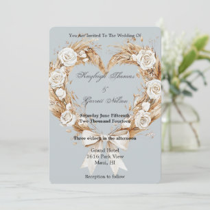 Blue Cream White Floral Heart Wreath Wedding Invitation