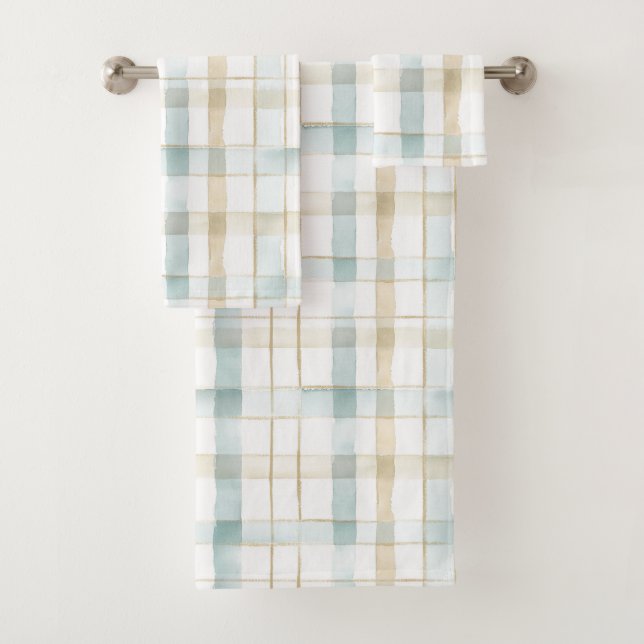 Blue Cream White Plaid Bridal Shower Bath Towel Set (Insitu)