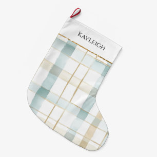 Blue Cream White Plaid Christmas Gold Glitter Large Christmas Stocking