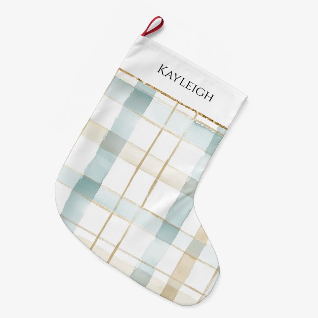 Blue Cream White Plaid Christmas Gold Glitter Large Christmas Stocking (Front (Hanging))