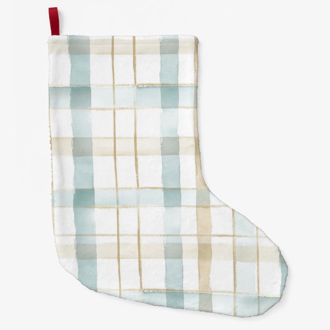Blue Cream White Plaid Christmas Large Christmas Stocking (Front)