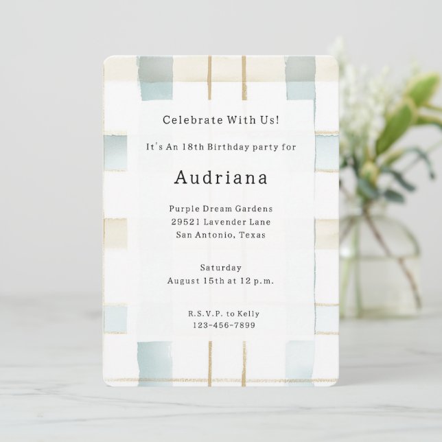 Blue Cream White Plaid Stripes Birthday Invitation (Standing Front)