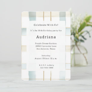 Blue Cream White Plaid Stripes Birthday Invitation