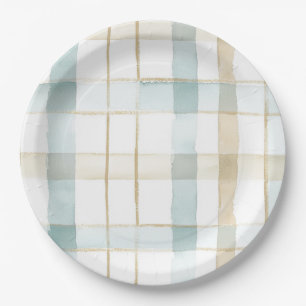 Blue Cream White Plaid Stripes Birthday Paper Plate