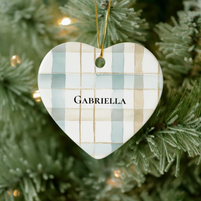 Blue Cream White Plaid Stripes Christmas Ceramic Tree Decoration (Tree)