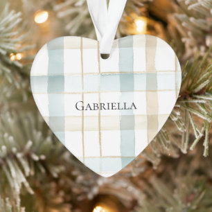 Blue Cream White Plaid Stripes Christmas Ornament