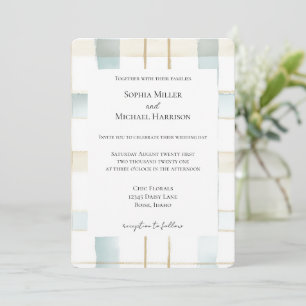 Blue Cream White Plaid Stripes Wedding Invitation