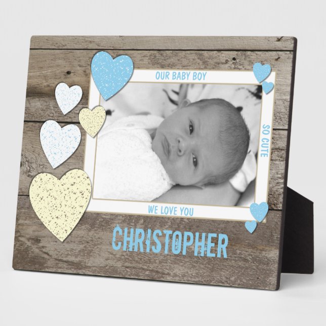 Blue cream with hearts rustic baby photo and name plaque (Side)