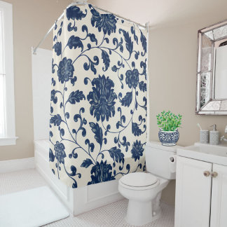 Blue/Creamy White Vintage Swirling Floral Pattern Shower Curtain