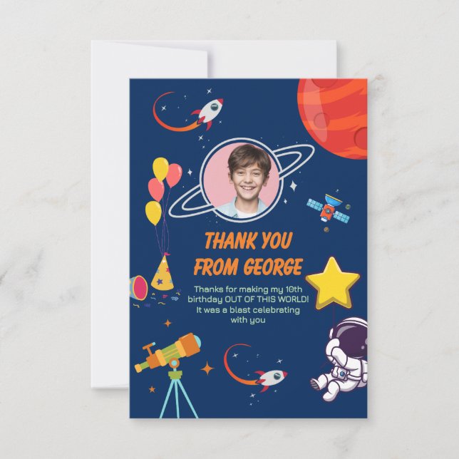 Blue Creative Galaxy Rocket Planet Kids Birthday Thank You Card (Front)