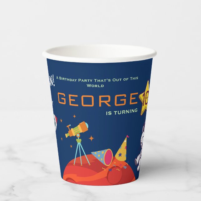 Blue Creative Space Rocket Astronaut Kids Birthday Paper Cups (Front)