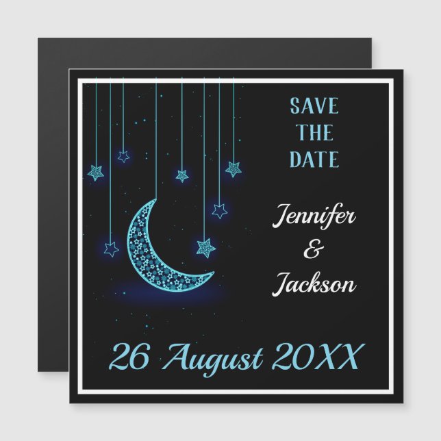 Blue Crescent Moon & Starry Sky Save the Date Magnetic Invitation (Front/Back)