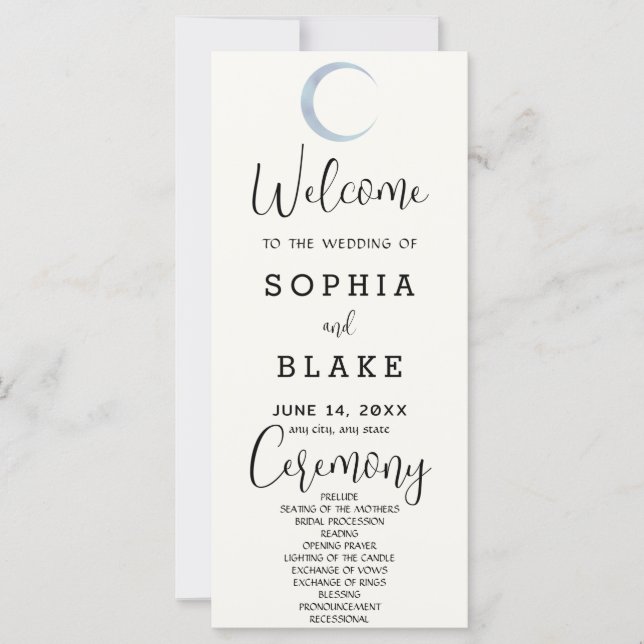 Blue Crescent Moon White Cream Wedding Program (Front)