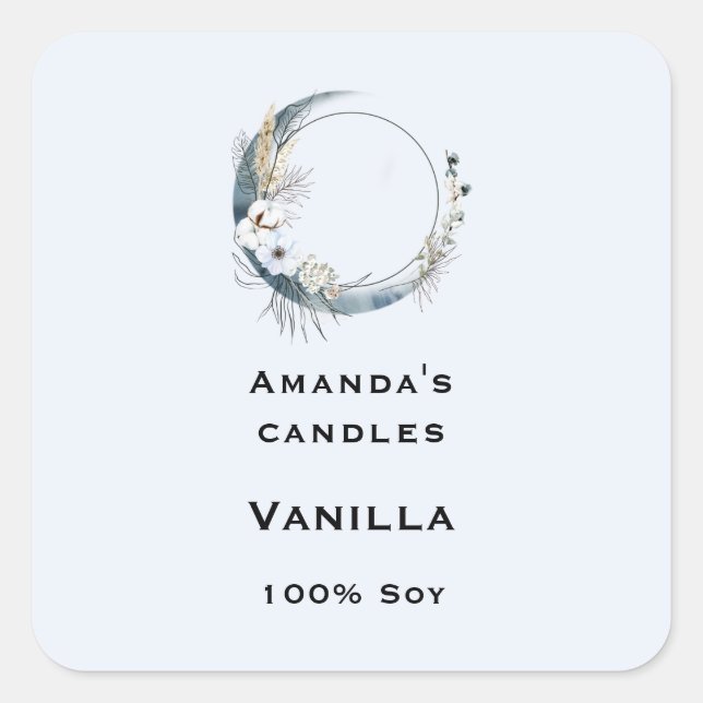 Blue Crescent Moon White Flowers Candle Business Square Sticker (Front)