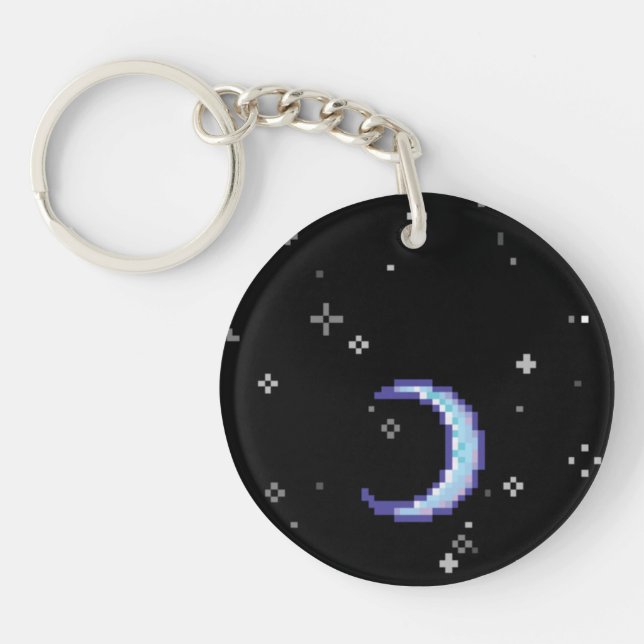Blue Crescent Moon With Stars Pixel Art Key Ring (Front)