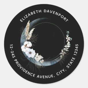 Blue Crescent Moon with White Flowers Address Classic Round Sticker