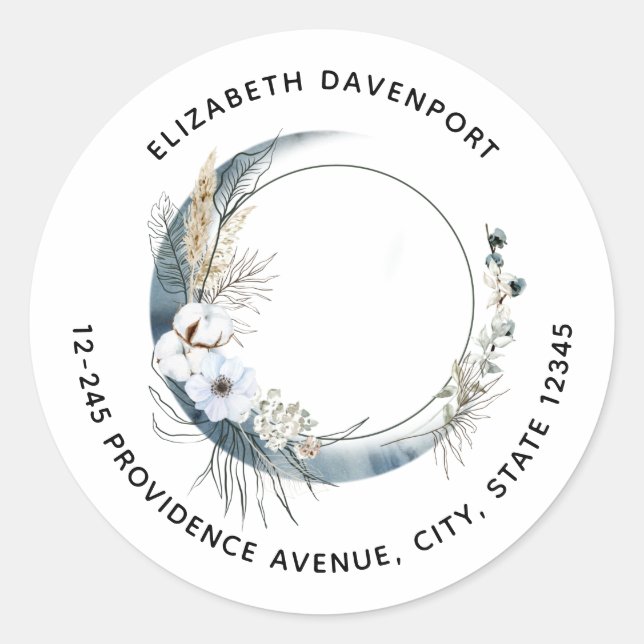Blue Crescent Moon with White Flowers Address Classic Round Sticker (Front)