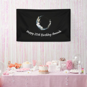 Blue Crescent Moon with White Flowers Birthday Banner
