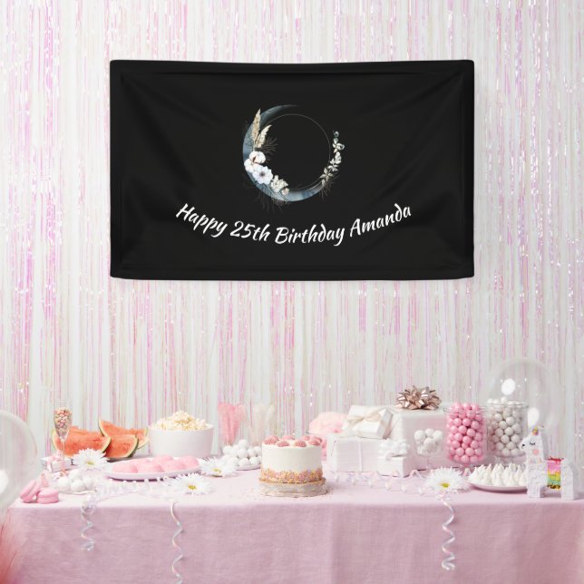 Blue Crescent Moon with White Flowers Birthday Banner (Party)