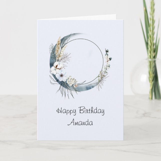 Blue Crescent Moon with White Flowers Birthday Card (Front)