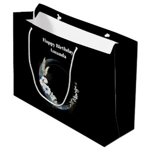 Blue Crescent Moon with White Flowers Birthday Large Gift Bag
